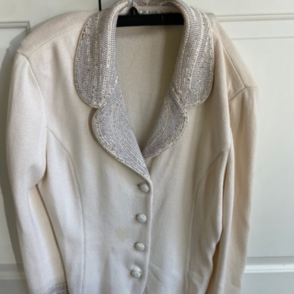 St. John Evening Collection - Cream Knit Blazer with Four Buttons, Silver Decor